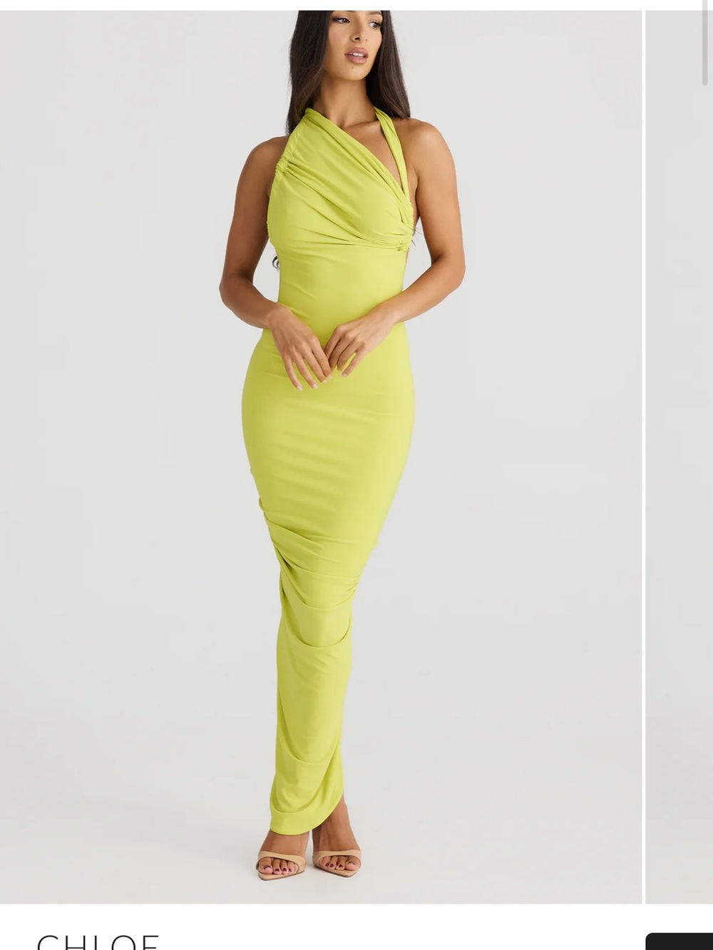 One-Shoulder Lime Green Draped Midi Dress